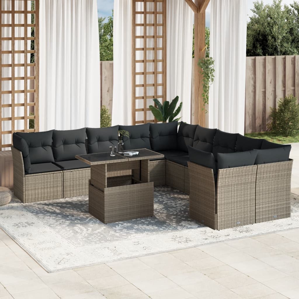 11 Pcs conjunto sofás de jardim c/ almofadões vime PE cinzento