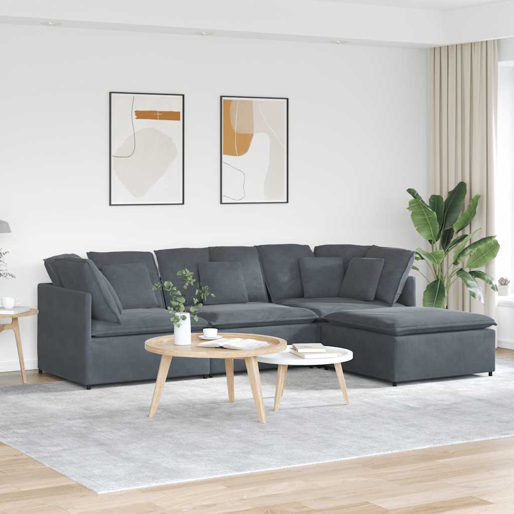 Sofá modular com pufes e almofadas veludo cinzento-escuro