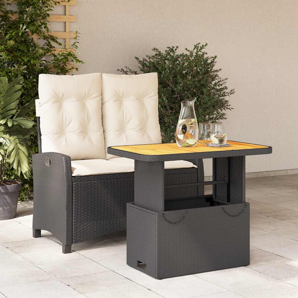 2 Pcs conjunto de jantar p/ jardim c/ almofadões vime PE preto
