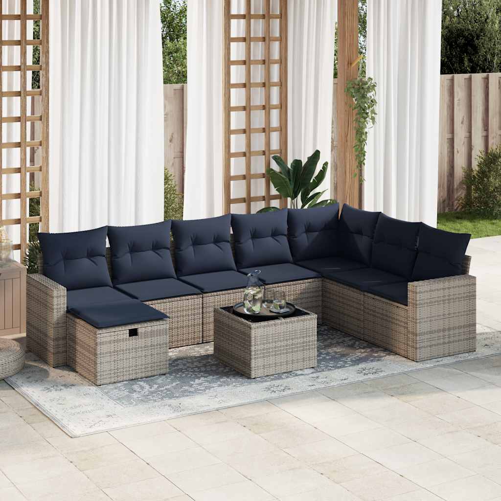9 Pcs conjunto sofás p/ jardim com almofadões vime PE cinzento