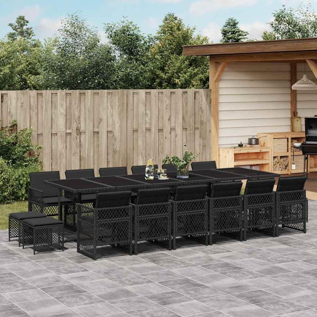 17 Pcs conjunto de jantar p/ jardim c/ almofadões vime PE preto