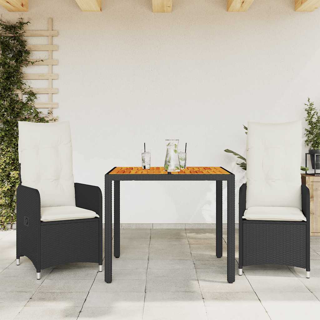 3 Pcs conjunto bistrô de jardim c/ almofadões vime PE preto