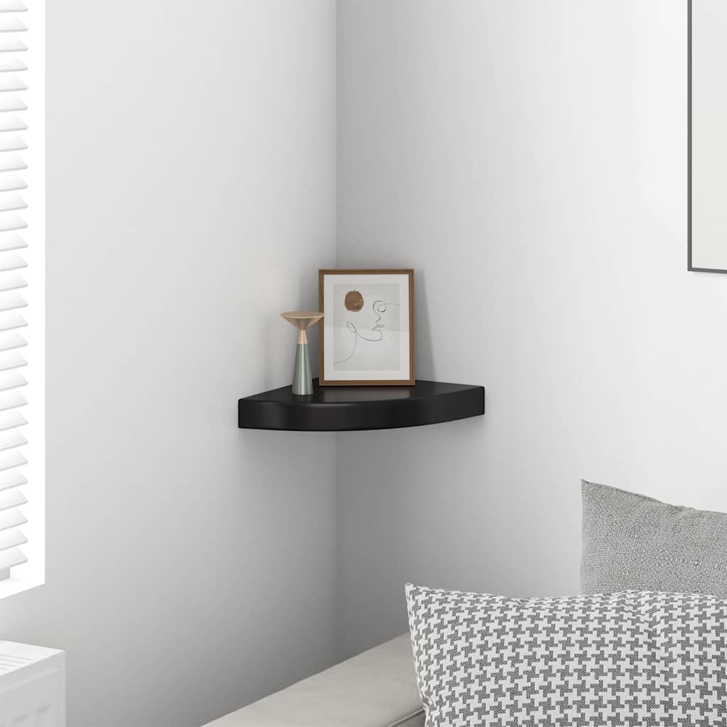 Prateleira de canto suspensa 25x25x3,8 cm MDF preto brilhante