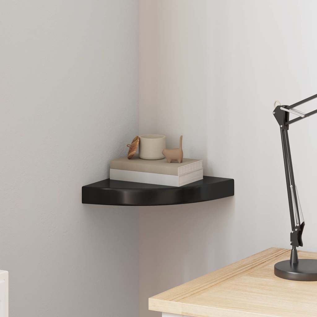 Prateleira de canto suspensa 25x25x3,8 cm MDF preto brilhante