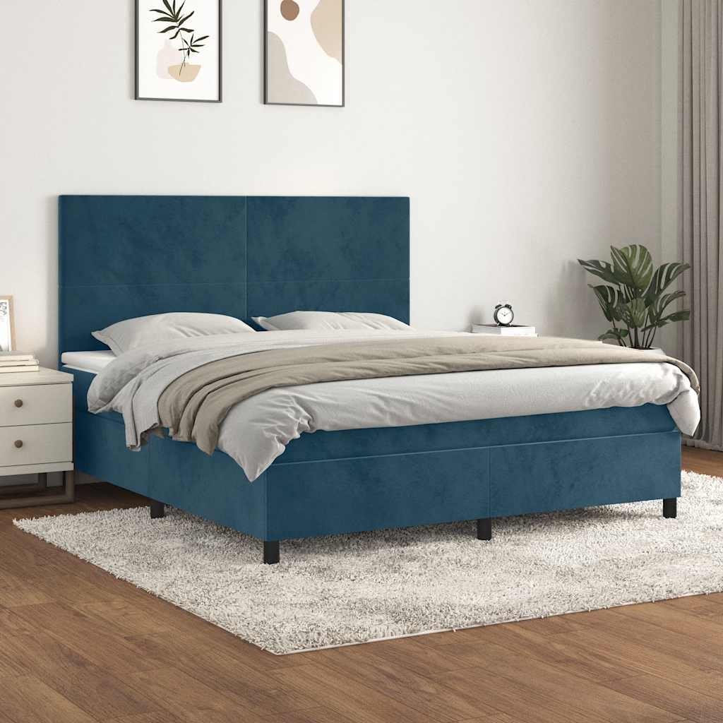 Cama com molas/colchão 160x200 cm veludo azul-escuro