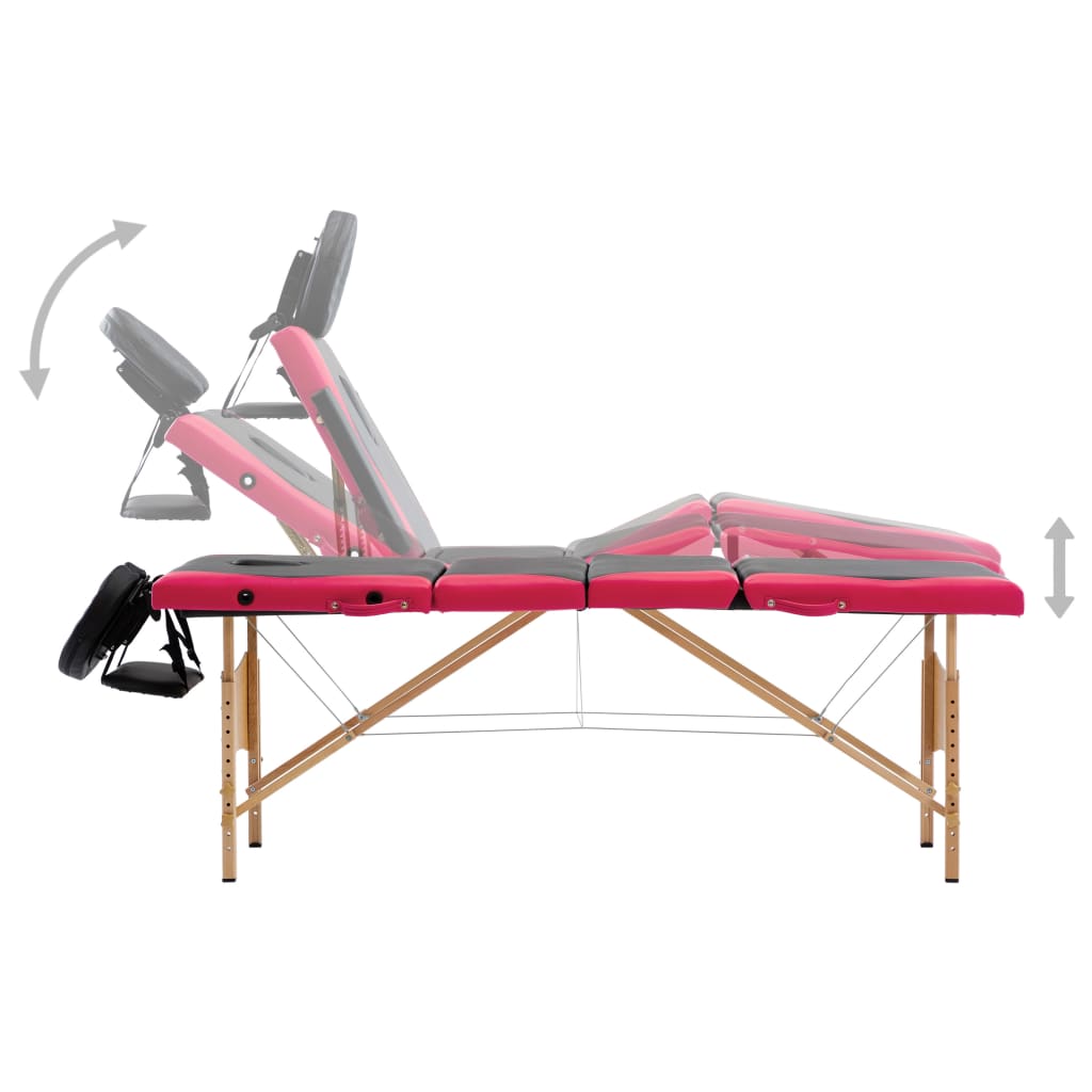 Mesa de massagens dobrável 4 zonas madeira preto e rosa