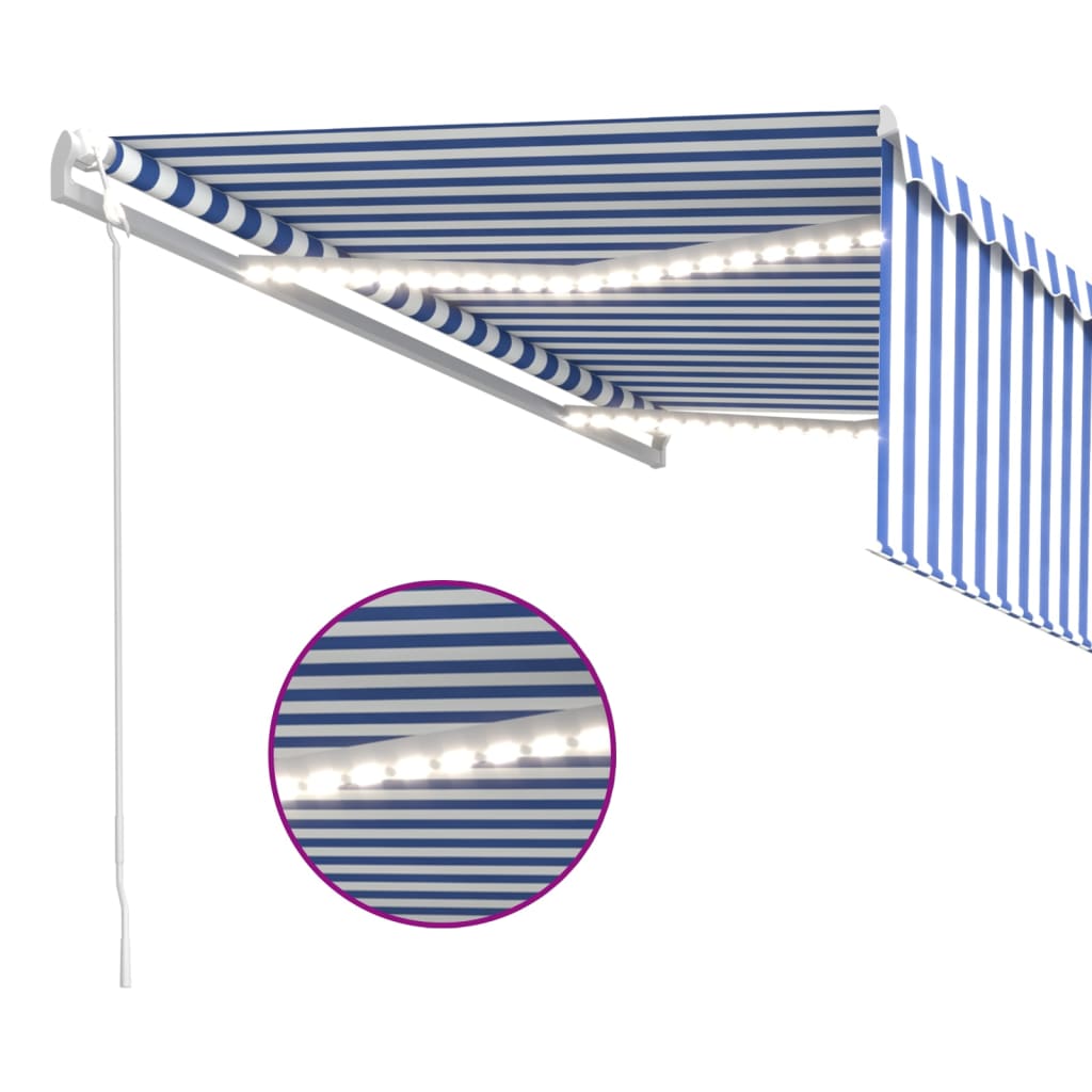 Toldo automático c/ estore/LED/sensor de vento 4x3m azul/branco