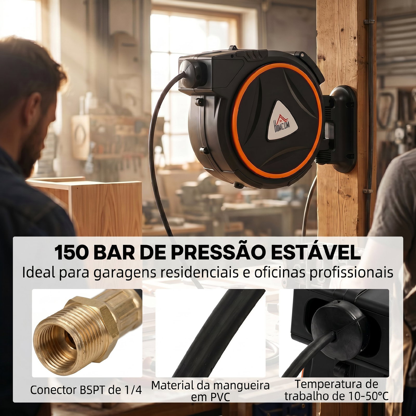 Enrolador automático de mangueira de pressão 20 m + 2 m com conector 1/4” bsp e suporte giratório 180° preto