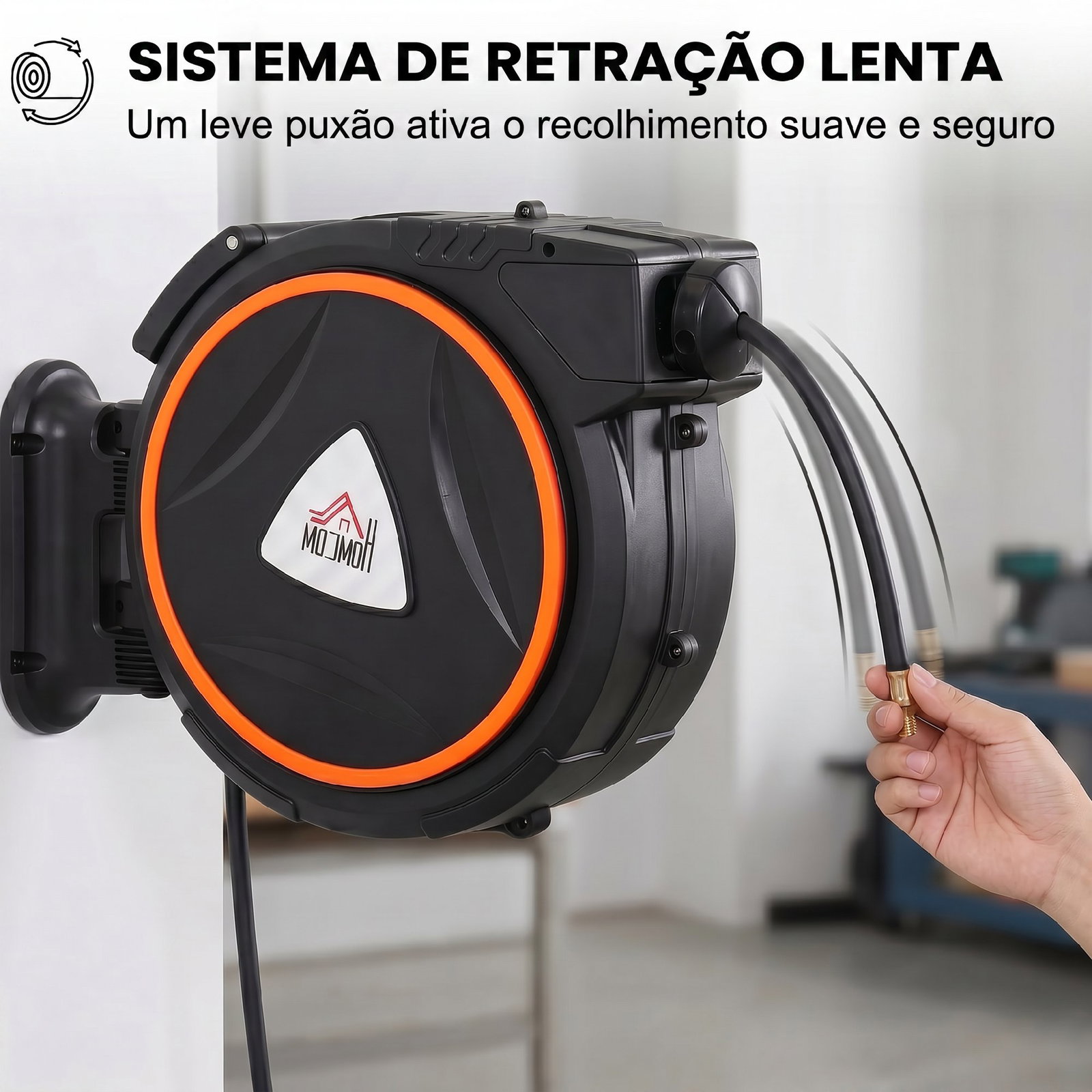 Enrolador automático de mangueira de pressão 20 m + 2 m com conector 1/4” bsp e suporte giratório 180° preto