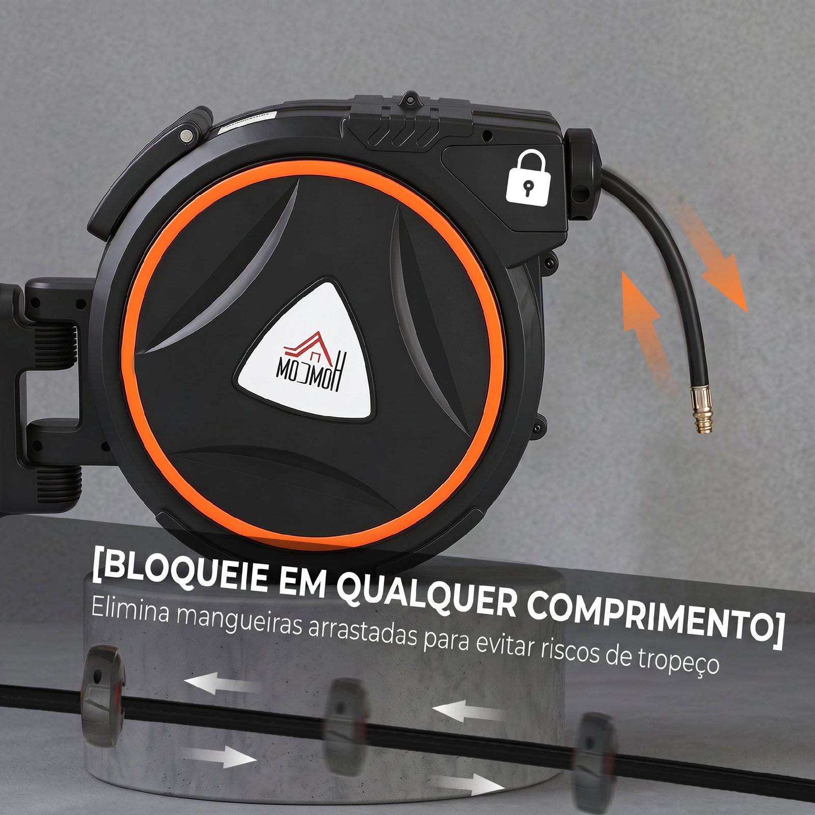 Enrolador automático de mangueira de pressão 20 m + 2 m com conector 1/4” bsp e suporte giratório 180° preto