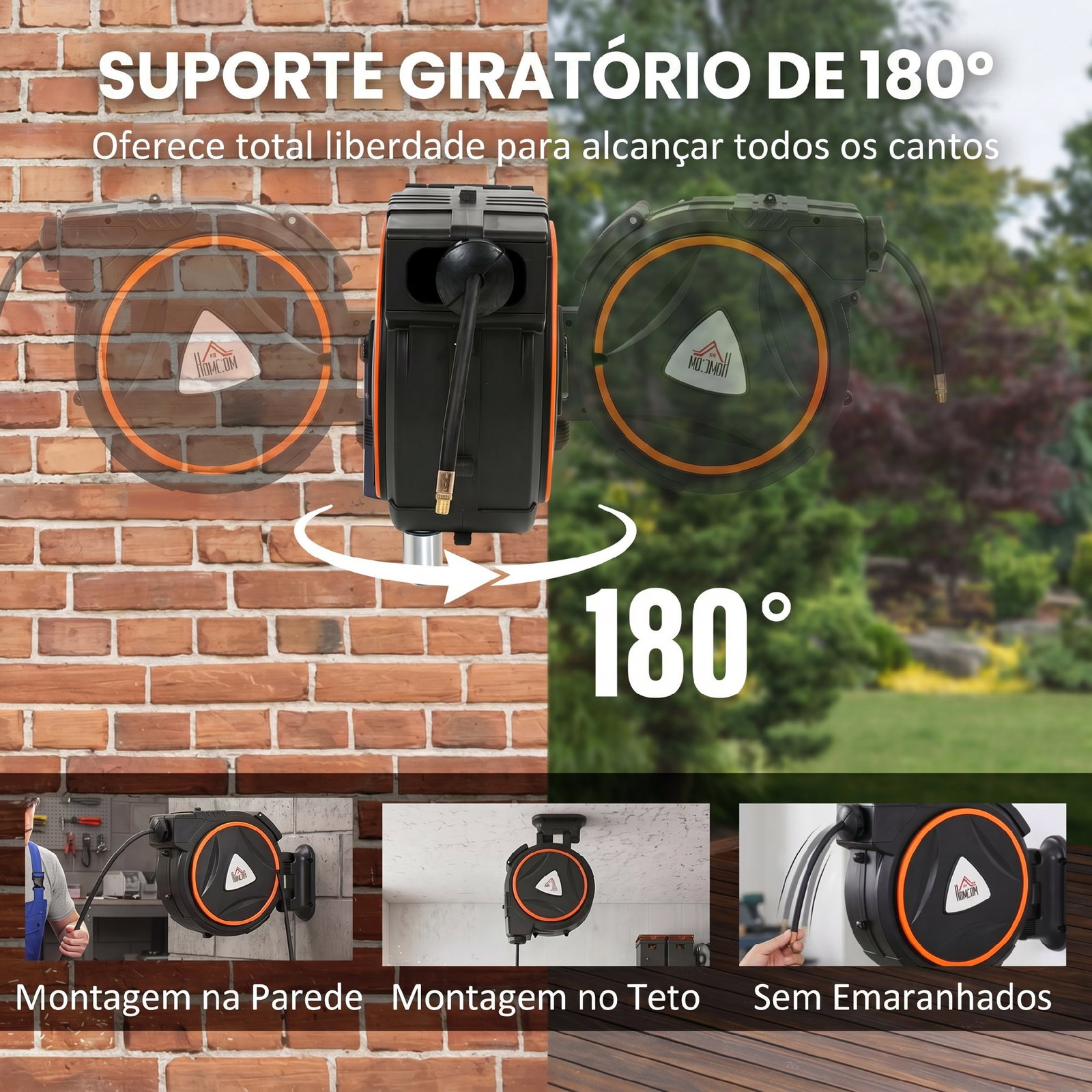 Enrolador automático de mangueira de pressão 20 m + 2 m com conector 1/4” bsp e suporte giratório 180° preto