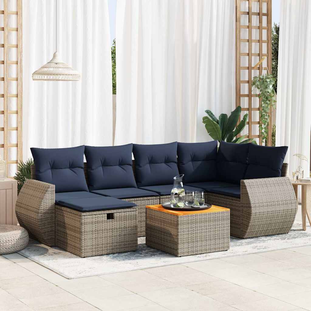7 Pcs conjunto sofás p/ jardim c/ almofadões vime PE cinzento