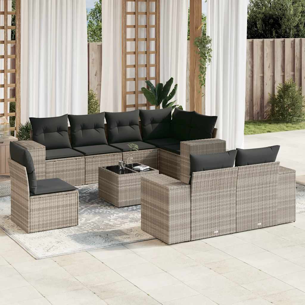 9 Pcs conj. sofás jardim com almofadões vime PE cinzento-claro