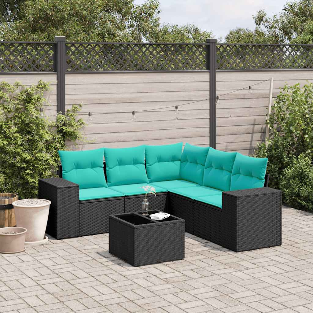 Conjunto de sofá de jardim com 6 peças e almofadas em rattan sintético preto