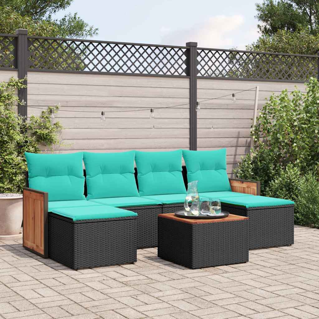 Conjunto de sofá de jardim com 7 peças e almofadas em rattan sintético preto