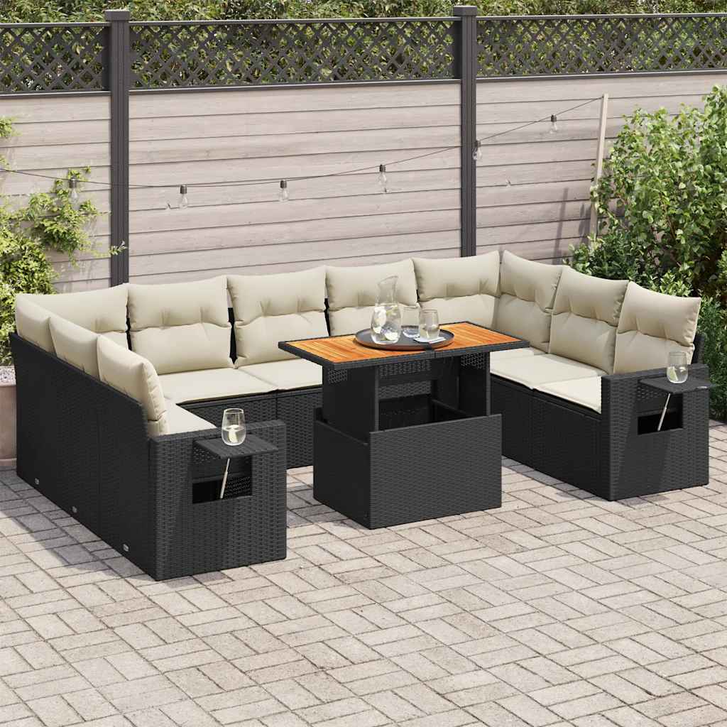 10 Pcs conjunto sofás de jardim c/ almofadões vime PE preto