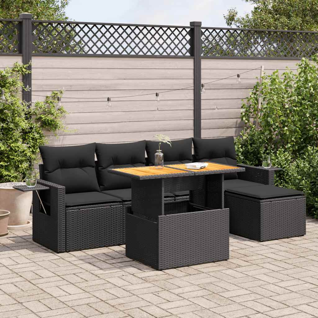 6 Pcs conjunto sofás de jardim c/ almofadões vime PE preto