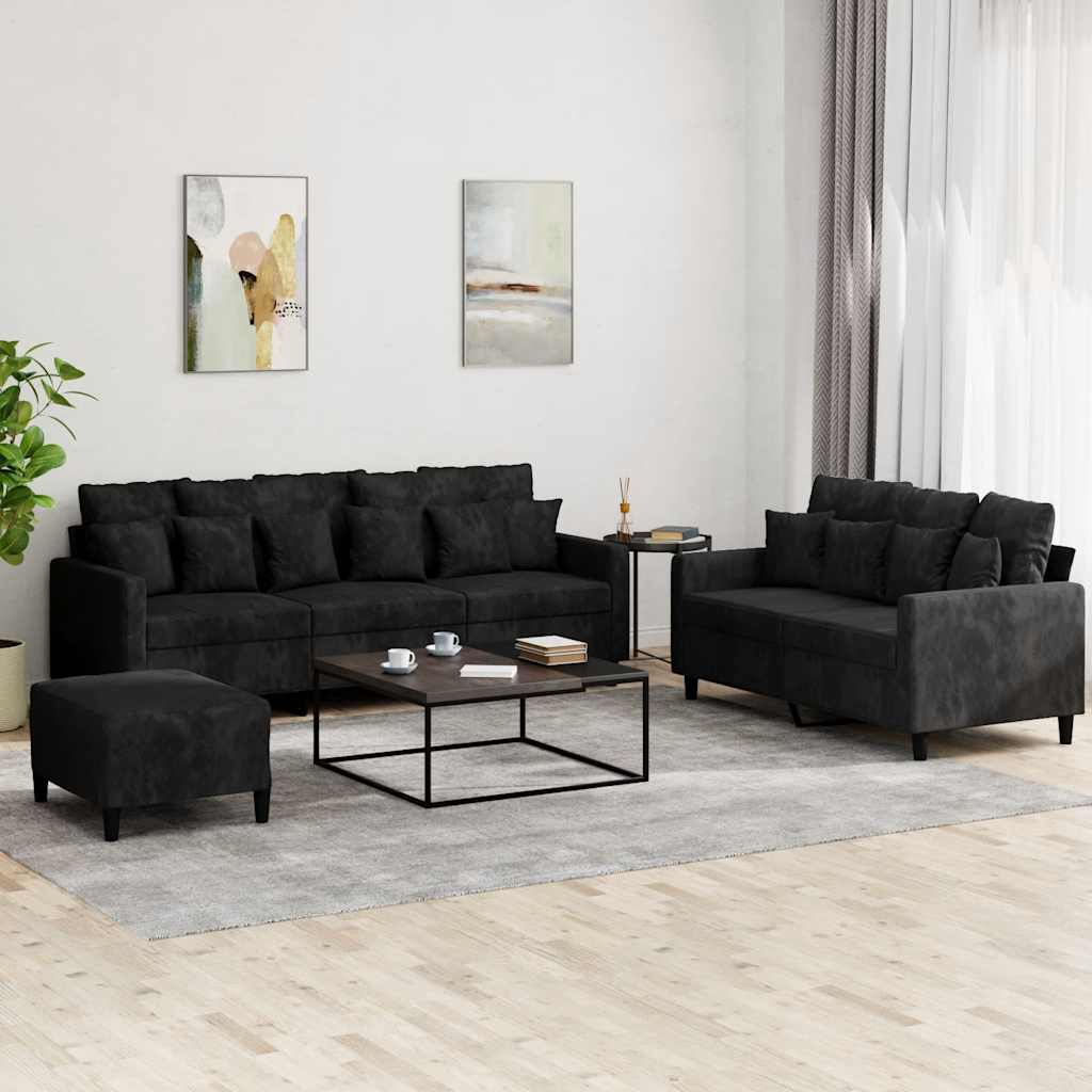 3 Pcs conjunto de sofás com almofadões veludo preto