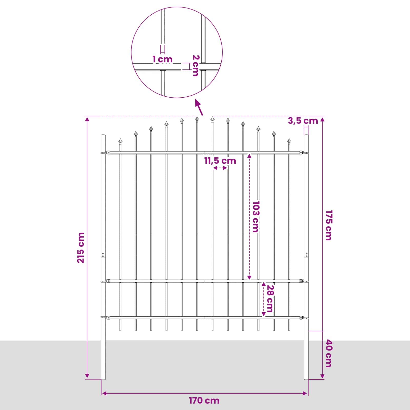Cerca de jardim com topo em forma de lança em aço 181x175 cm, preta