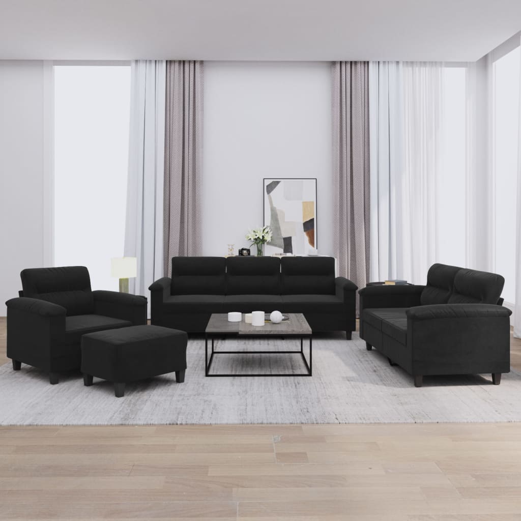 4 Pcs conj. sofás c/ almofadões tecido de microfibra preto