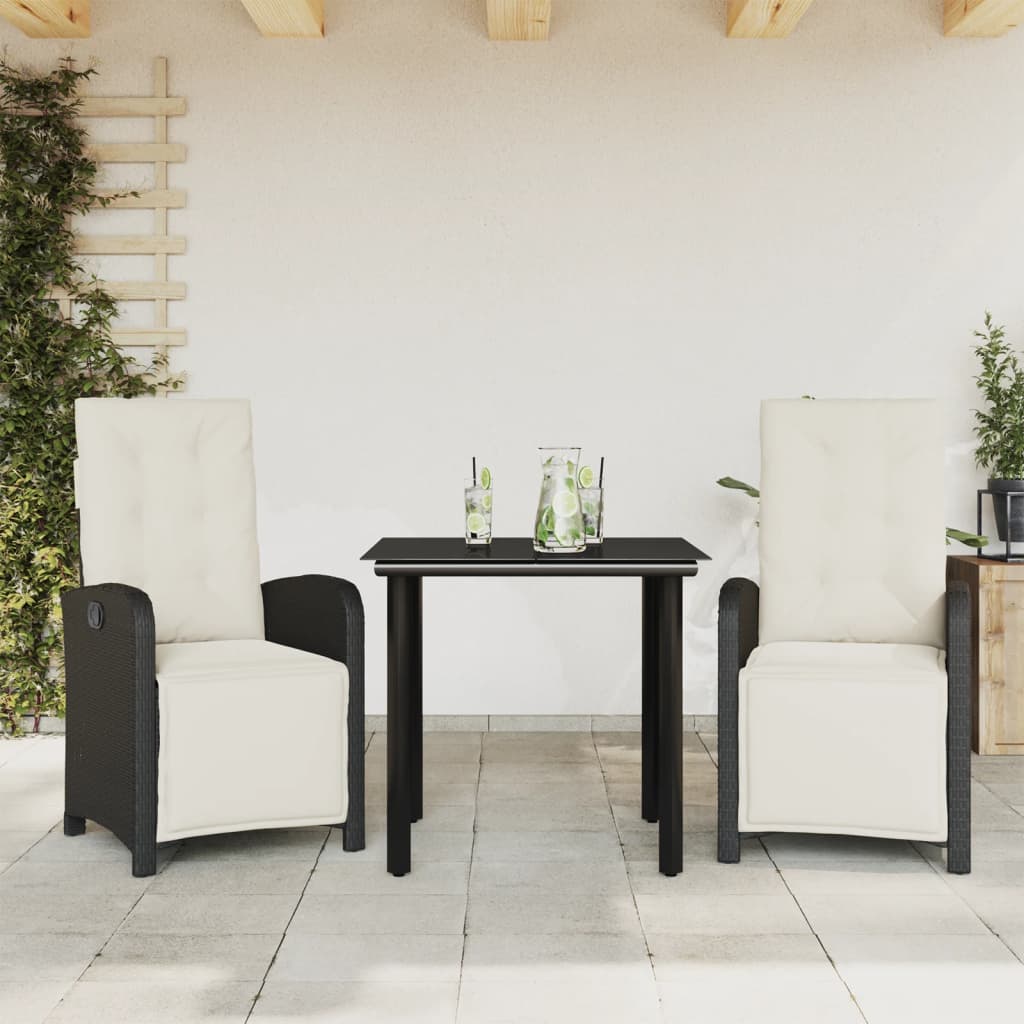 3 Pcs conjunto de bistrô com almofadões vime PE preto