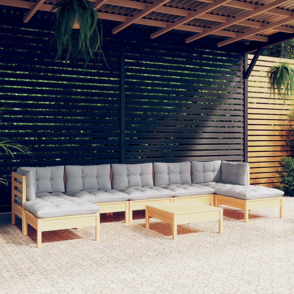 8 Pcs conjunto lounge de jardim c/ almofadões cinzentos pinho