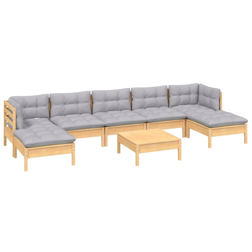 8 Pcs conjunto lounge de jardim c/ almofadões cinzentos pinho