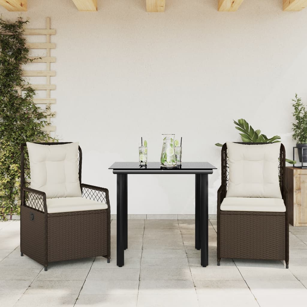 3 Pcs conjunto jantar p/ jardim c/ almofadões vime PE castanho