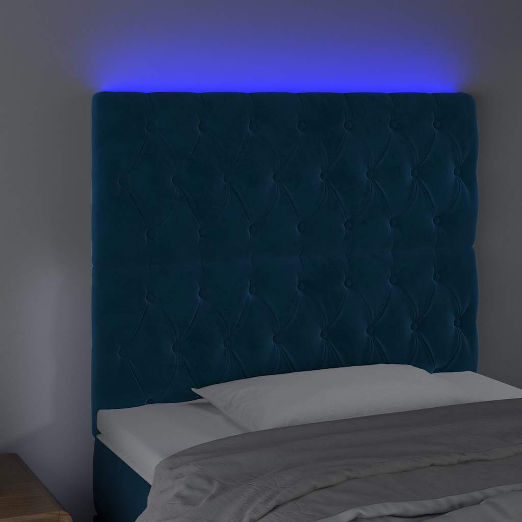 Cabeceira cama c/ luzes LED veludo 100x7x118/128cm azul-escuro