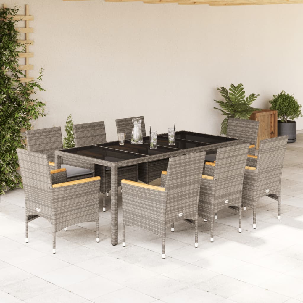 9 Pcs conjunto jantar jardim c/ almofadões vime PE/vidro cinza