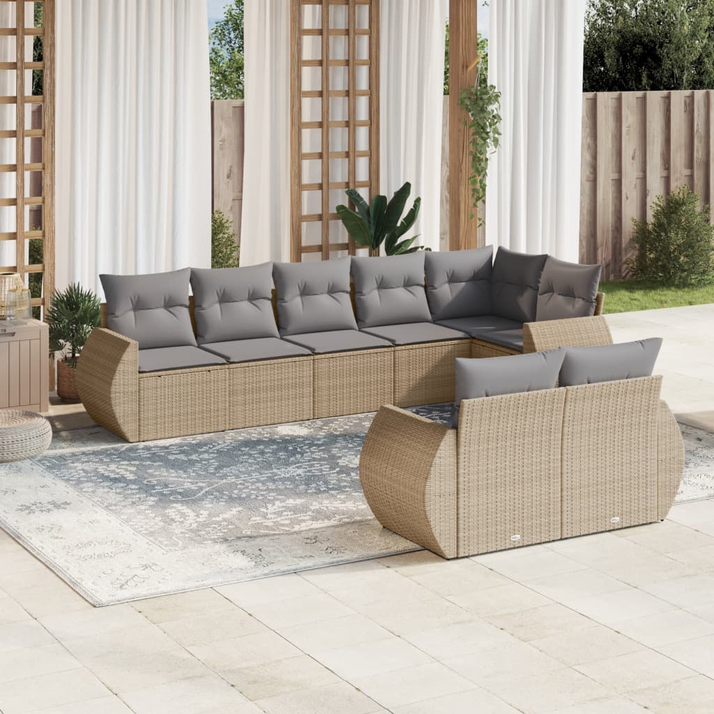 8 Pcs conjunto de sofás p/ jardim com almofadões vime PE bege