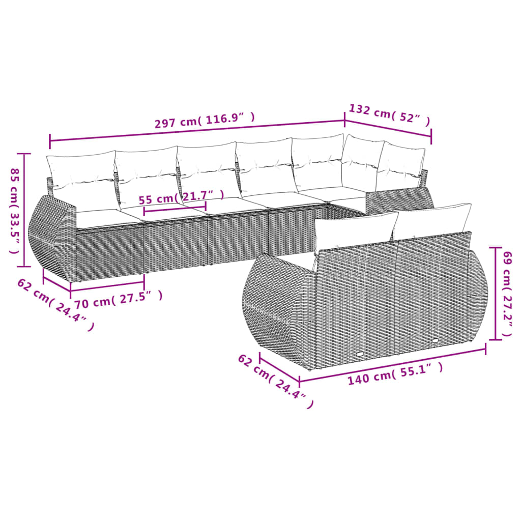 8 Pcs conjunto de sofás p/ jardim com almofadões vime PE bege