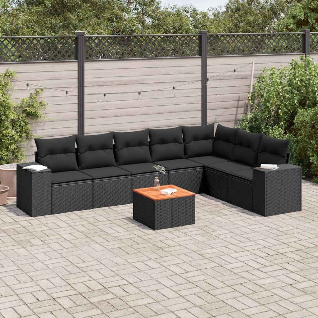 8 Pcs conjunto sofás de jardim com almofadões vime PE preto