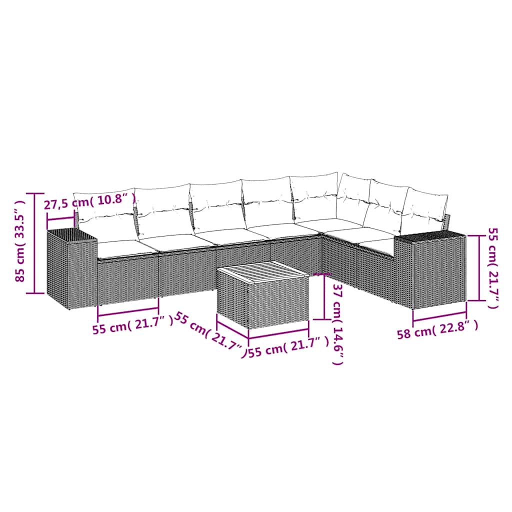 8 Pcs conjunto sofás de jardim com almofadões vime PE preto