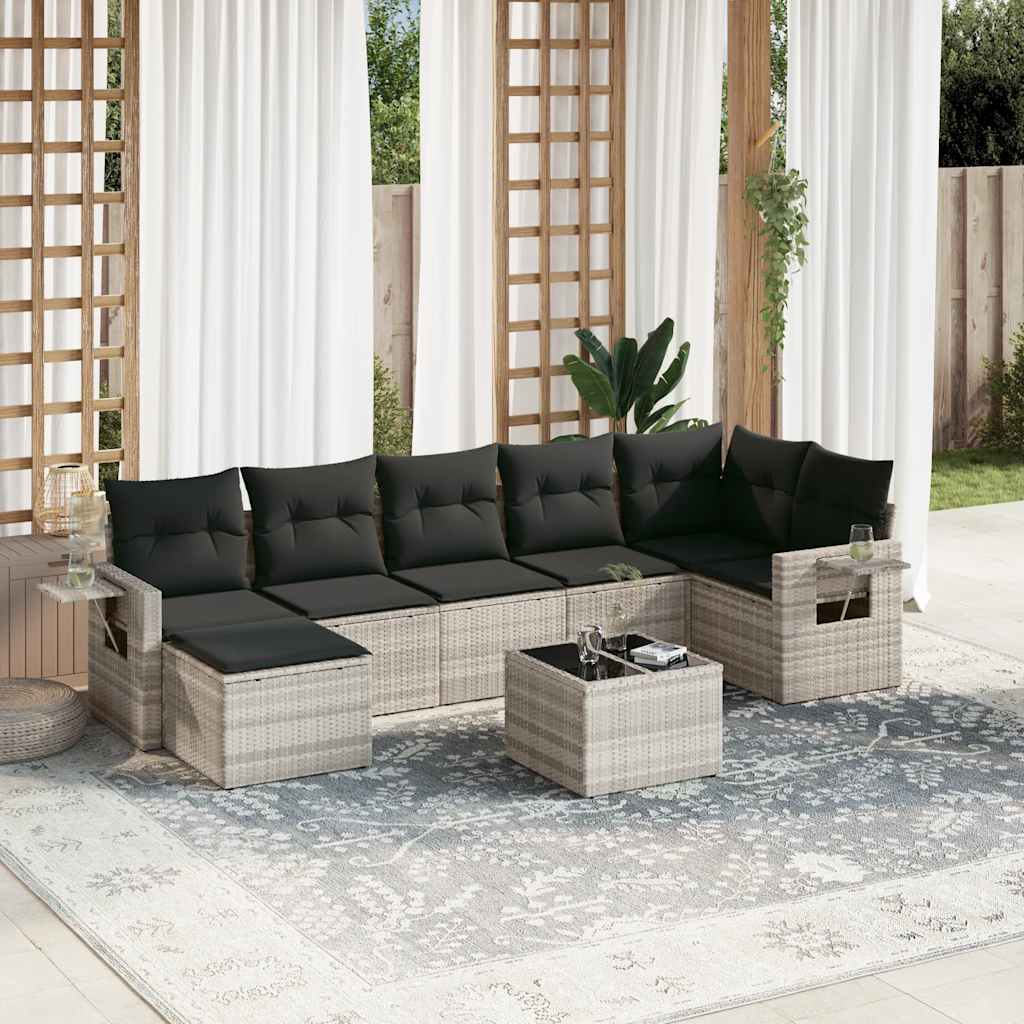8 Pcs conj. sofás jardim c/ almofadões vime PE cinzento-claro