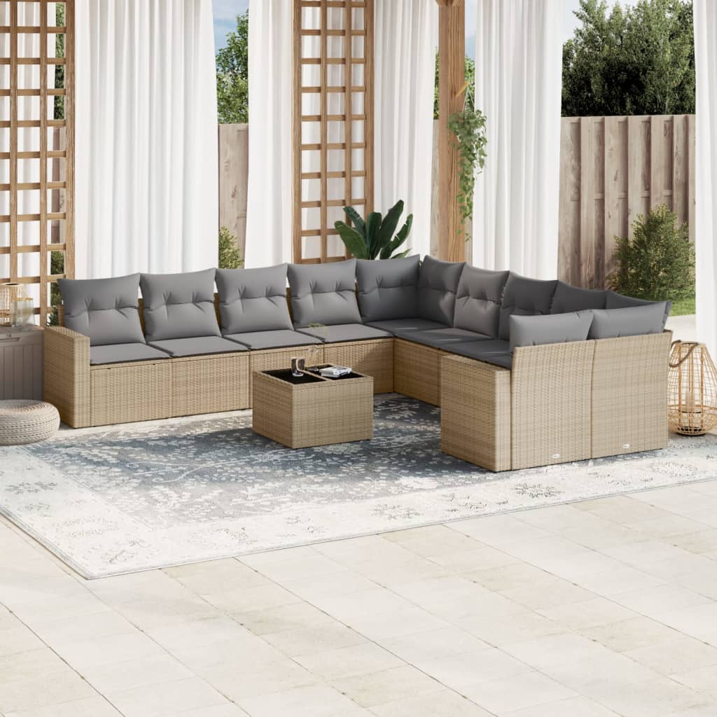 11 Pcs conjunto sofás de jardim c/ almofadões vime PE bege