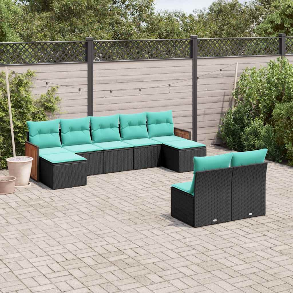 Conjunto de sofá de jardim de 9 peças com almofadas em rattan sintético preto