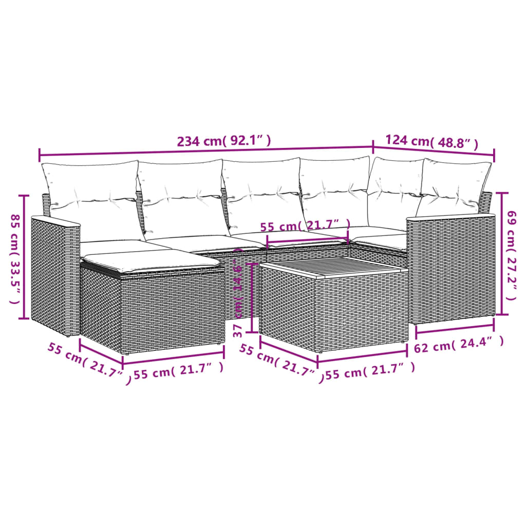 7 Pcs conjunto de sofás p/ jardim c/ almofadões vime PE preto
