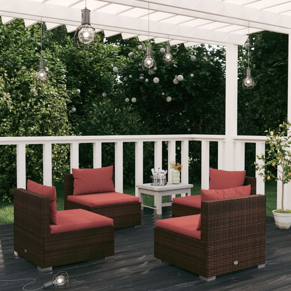 4 Pcs conjunto lounge jardim c/ almofadões vime PE castanho