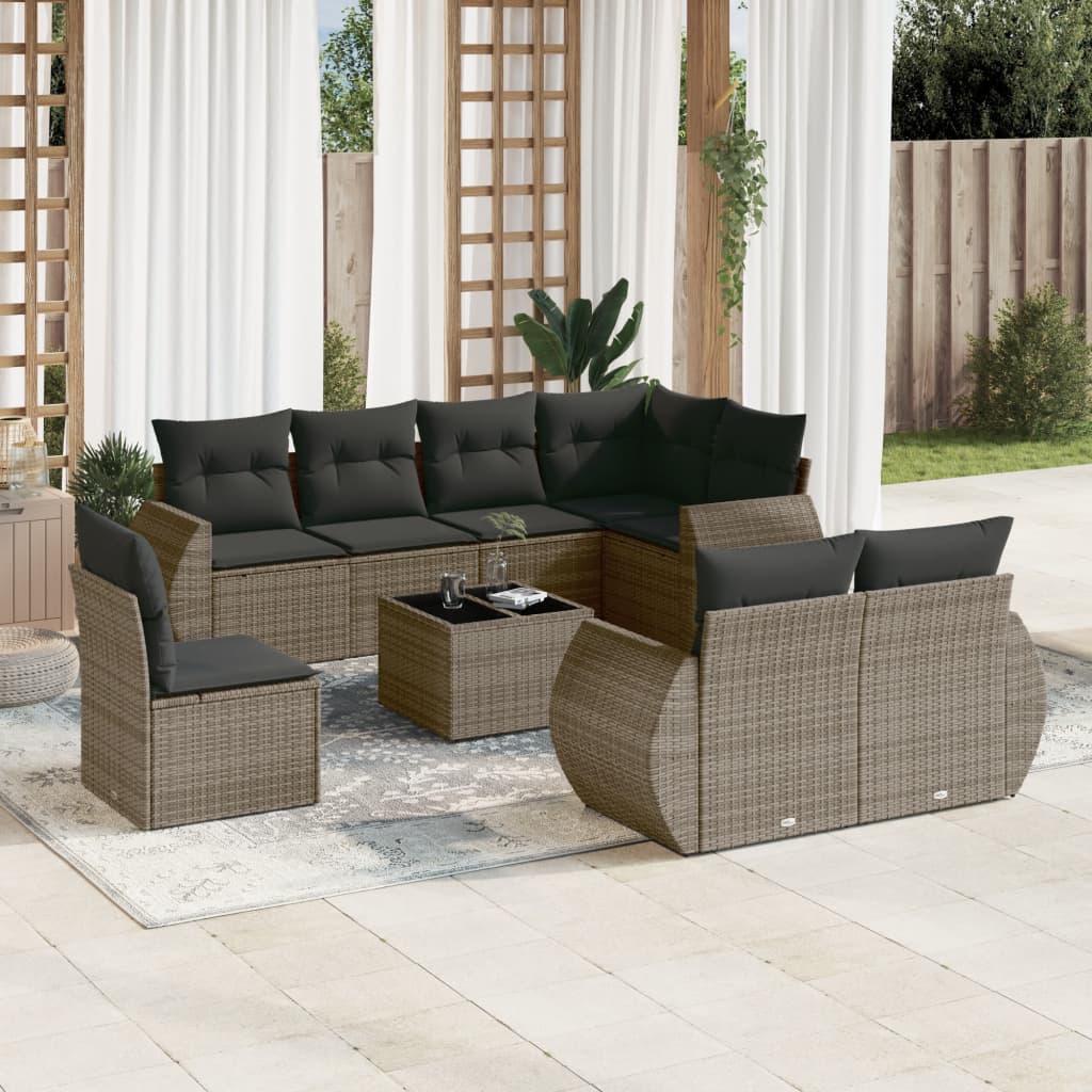 9 Pcs conjunto sofás p/ jardim com almofadões vime PE cinzento
