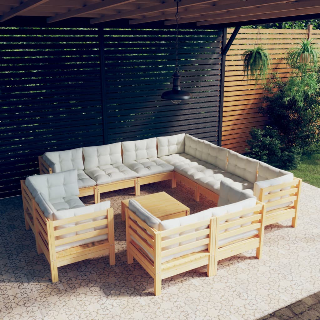 12 Pcs conjunto lounge jardim c/ almofadões creme pinho maciço