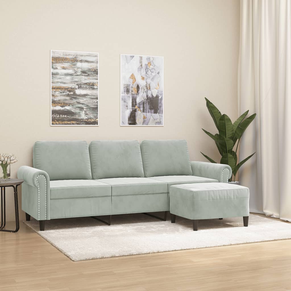 Sofá de 3 lugares com apoio de pés 180 cm veludo cinzento-claro