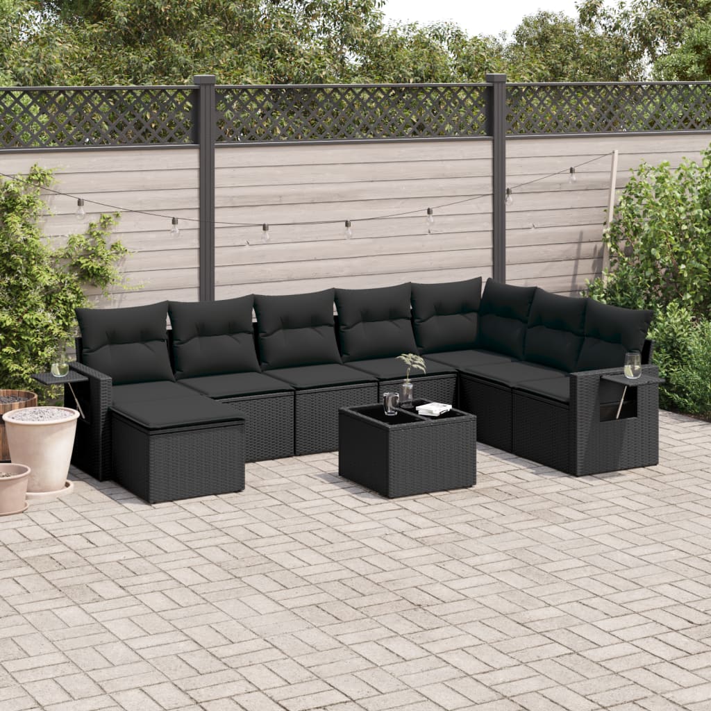 9 Pcs conjunto de sofás p/ jardim c/ almofadões vime PE preto