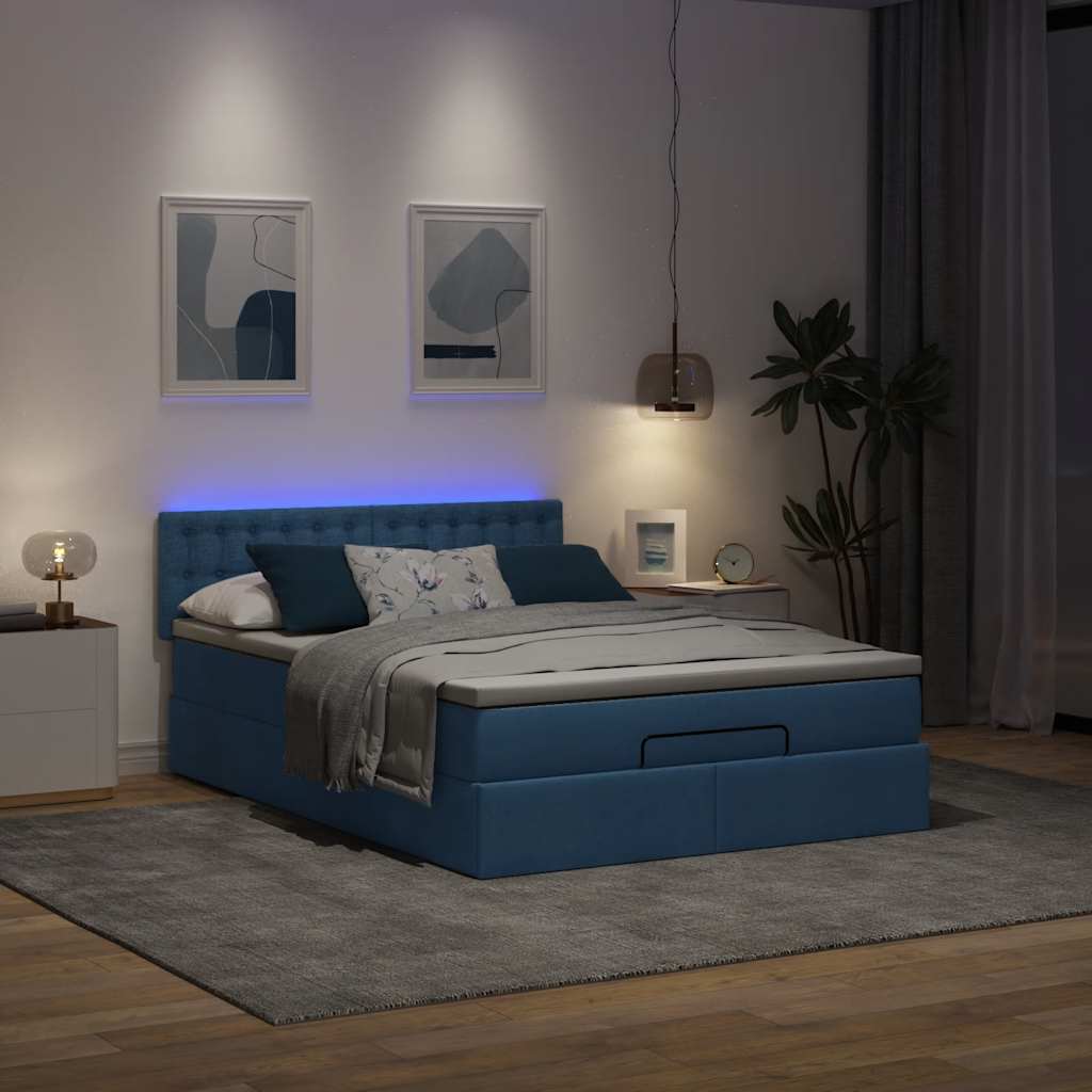 Estrutura de cama otomana com colchão tecido azul 140x200cm