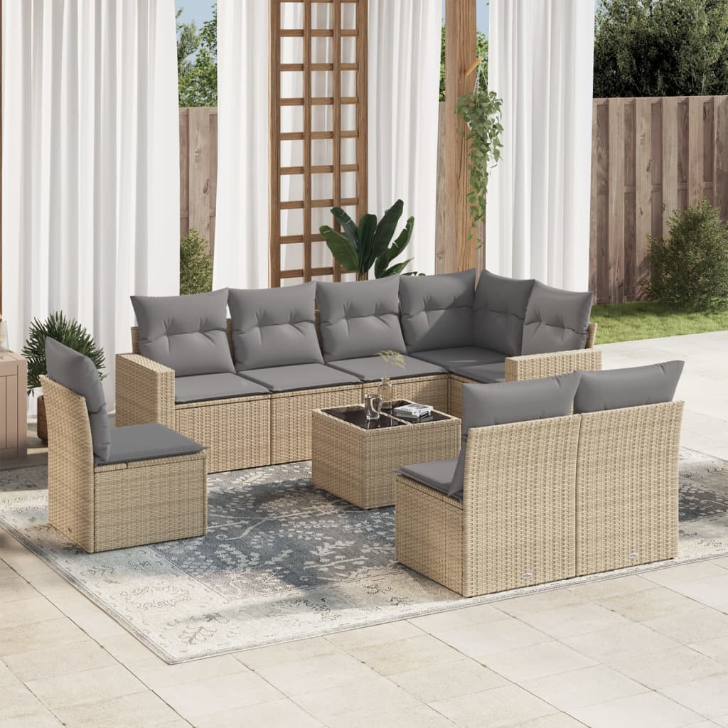 9 Pcs conjunto de sofás p/ jardim com almofadões vime PE bege