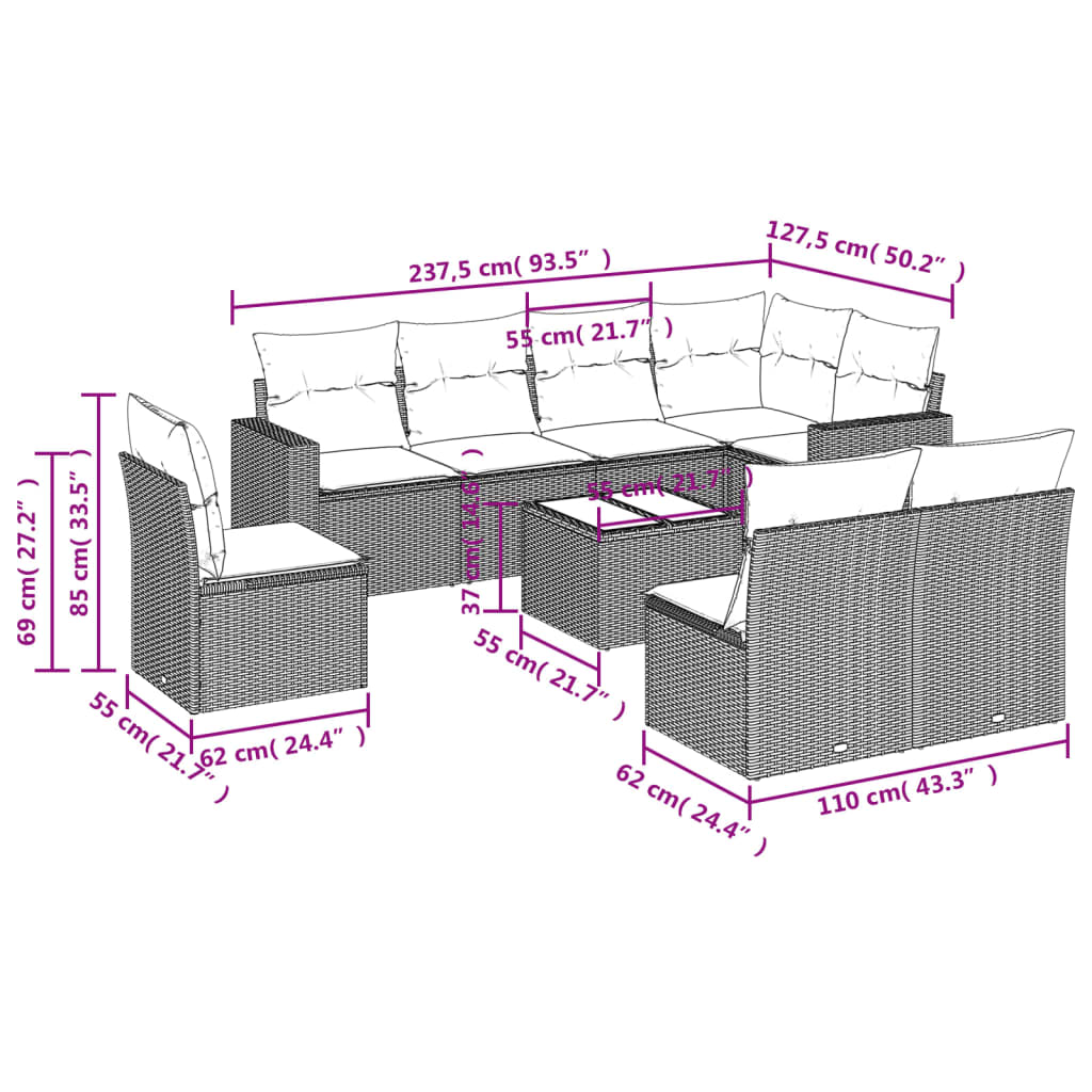 9 Pcs conjunto de sofás p/ jardim com almofadões vime PE bege