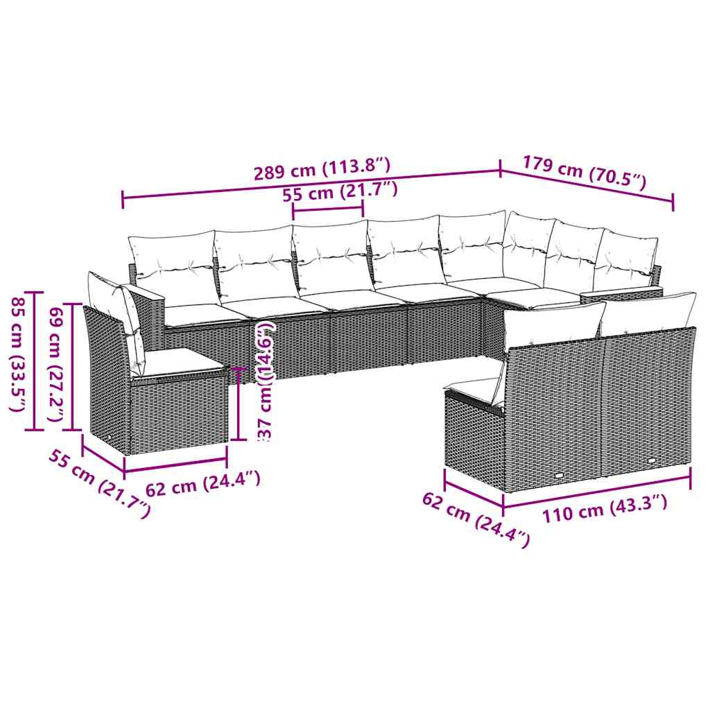 10 Pcs conjunto sofás de jardim c/ almofadões vime PE preto