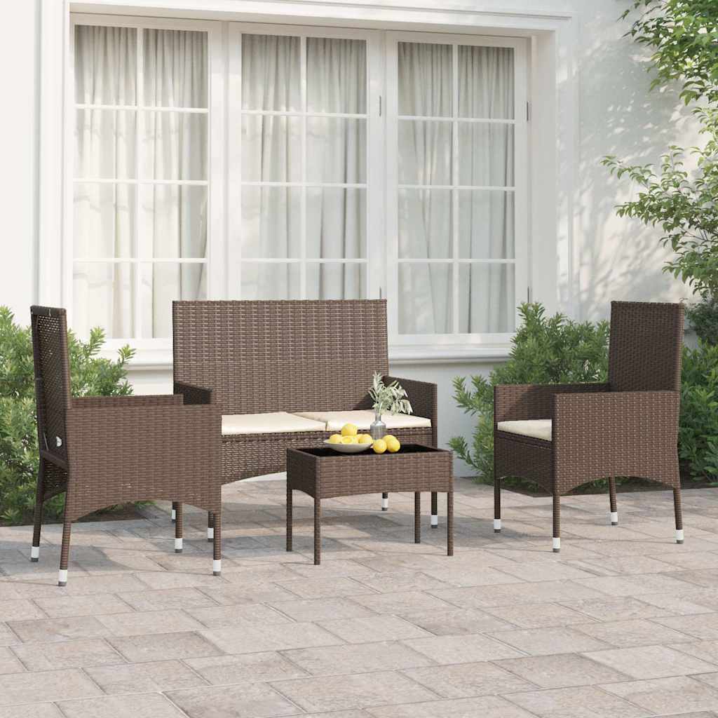 4 Pcs conjunto lounge jardim c/ almofadões vime PE castanho