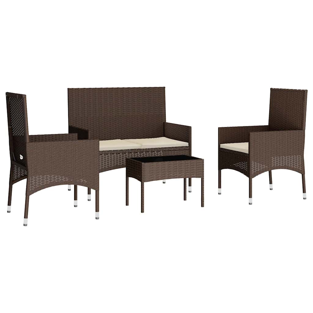 4 Pcs conjunto lounge jardim c/ almofadões vime PE castanho