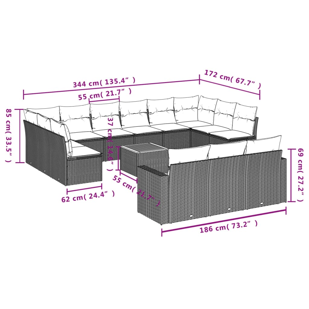 14 Pcs conjunto de sofás p/ jardim com almofadões vime PE bege